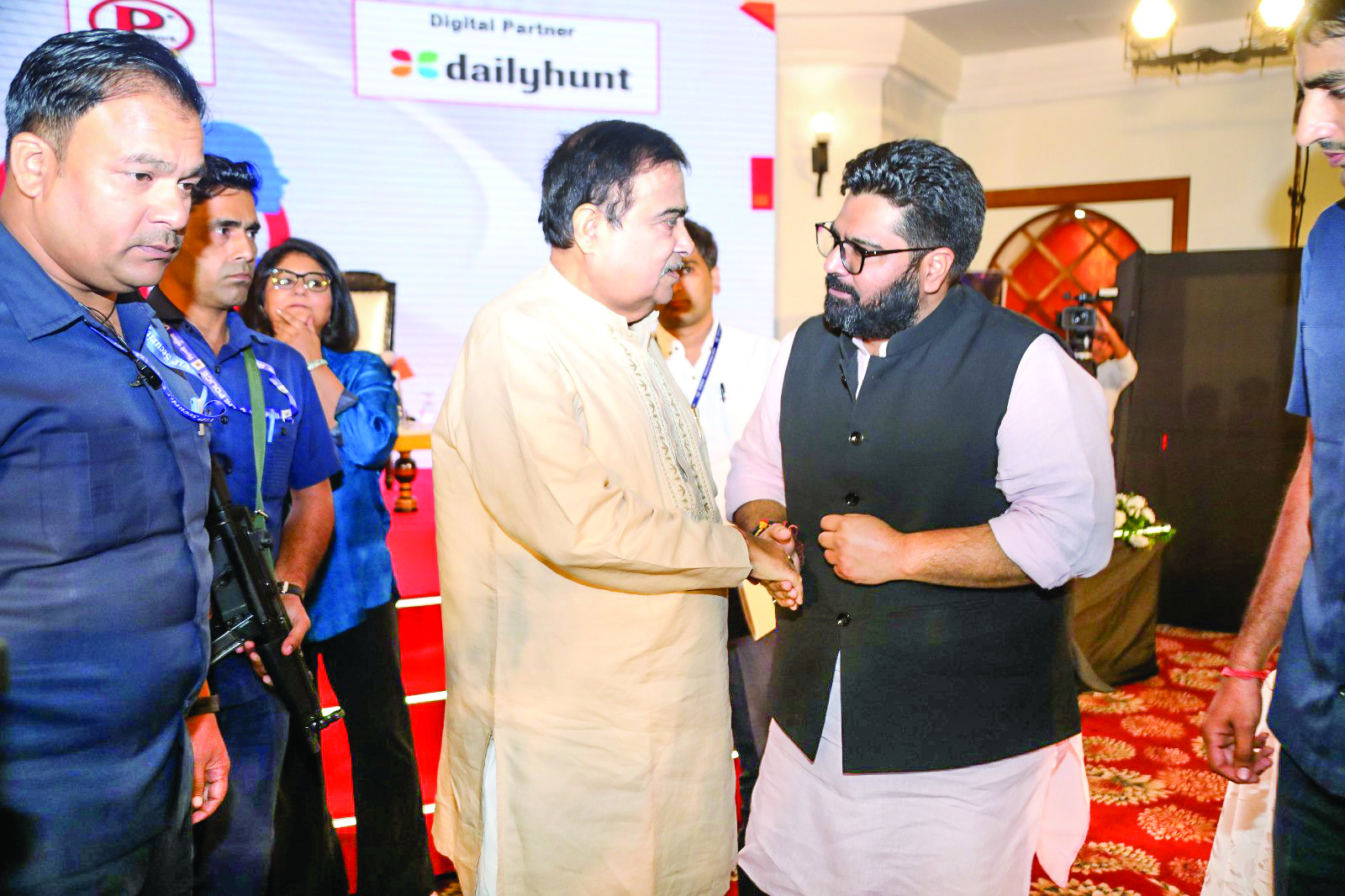 Union Minister Nitin Gadkari in discussion with Rajya Sabha member Kartikeya Sharma on sidelines of the event on Monday.