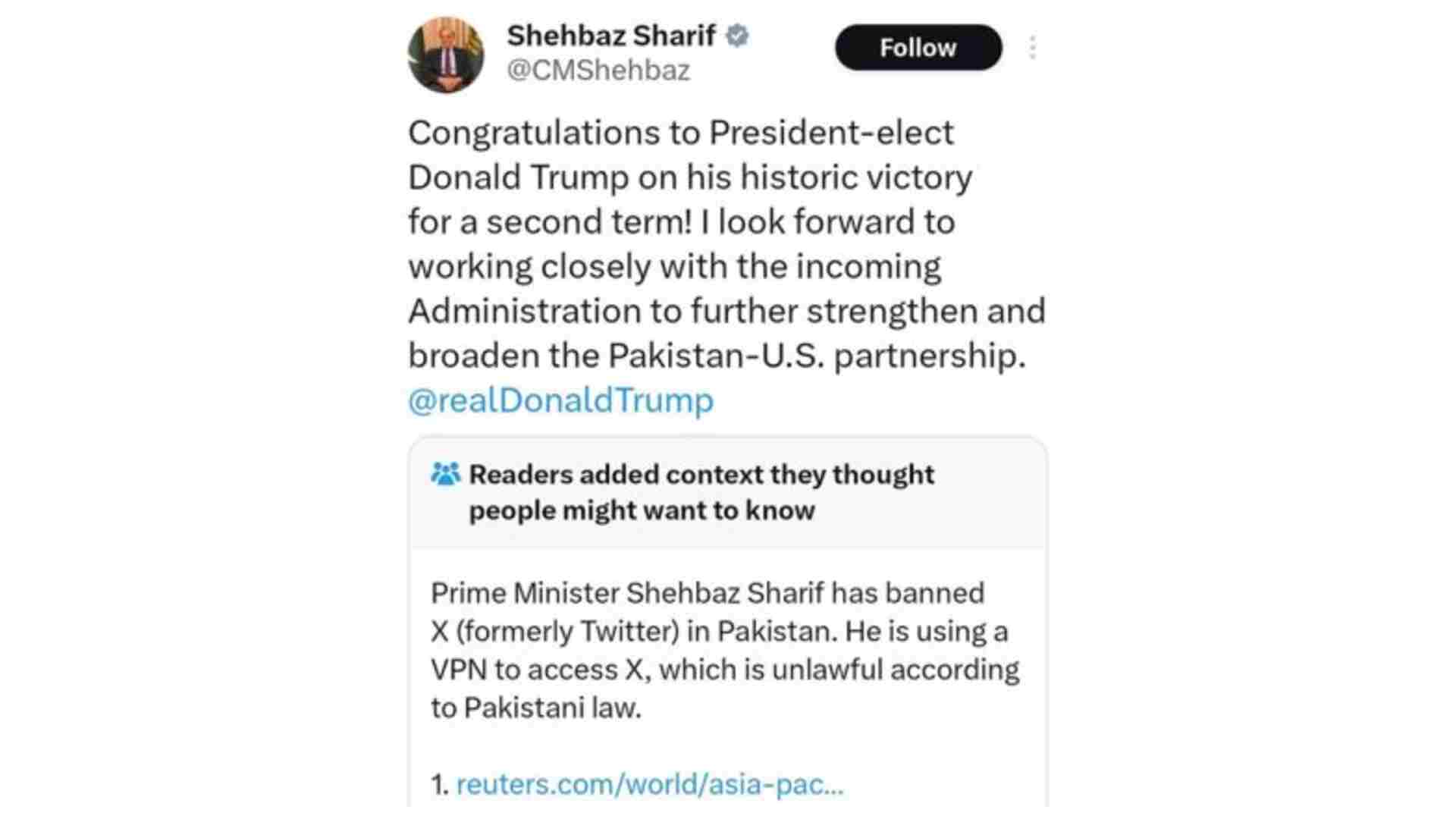 PM Shehbaz Sharif Allegedly Uses VPN to Congratulate Donald Trump on Banned X Platform, Netizens React