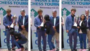 Bristy Mukherjee Touches Magnus Carlsen’s Feet After Winning Trophy at Tata Steel Chess India 2024 | WATCH