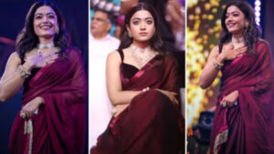 Rashmika Mandanna Stuns in Burgundy Saree at Pushpa 2 Trailer Launch | WATCH