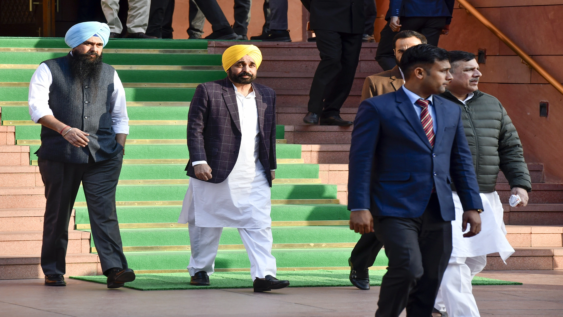 Bhagwant Mann with AAP MP Sanjay Singh at the Parliament premises on Dec 12