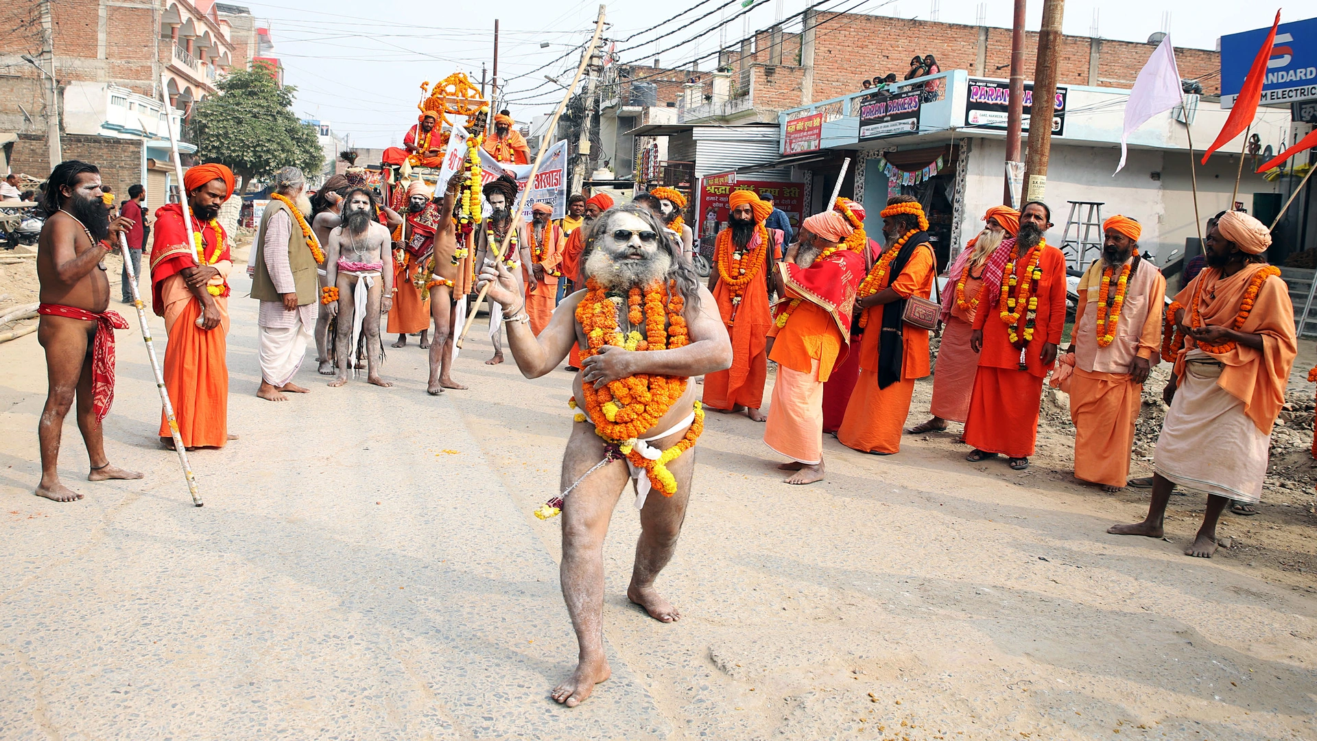 Sadhus of Awahan Akhara take part in a religious procession during the grand Nagar Pravesh ceremony for the upcoming Maha Kumbh Mela