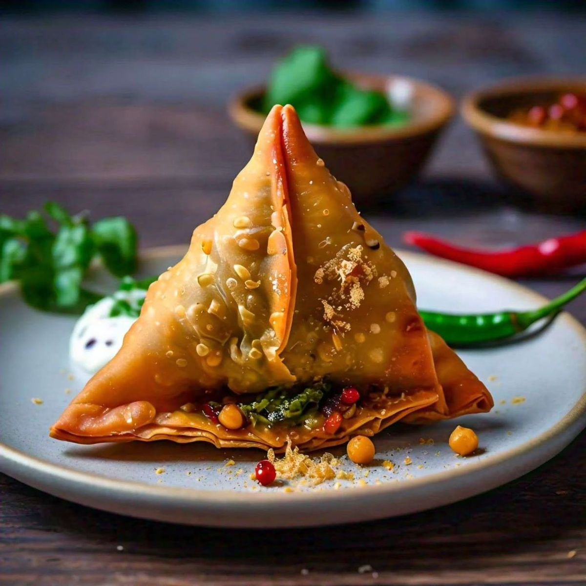 Traditional Indian cooks frying samosas in hot oil. - Photo Gallery