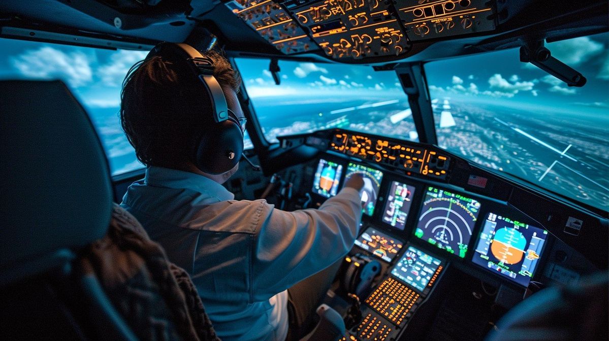 Pilot inside a grey-painted cockpit focusing on navigation controls during flight. - Photo Gallery