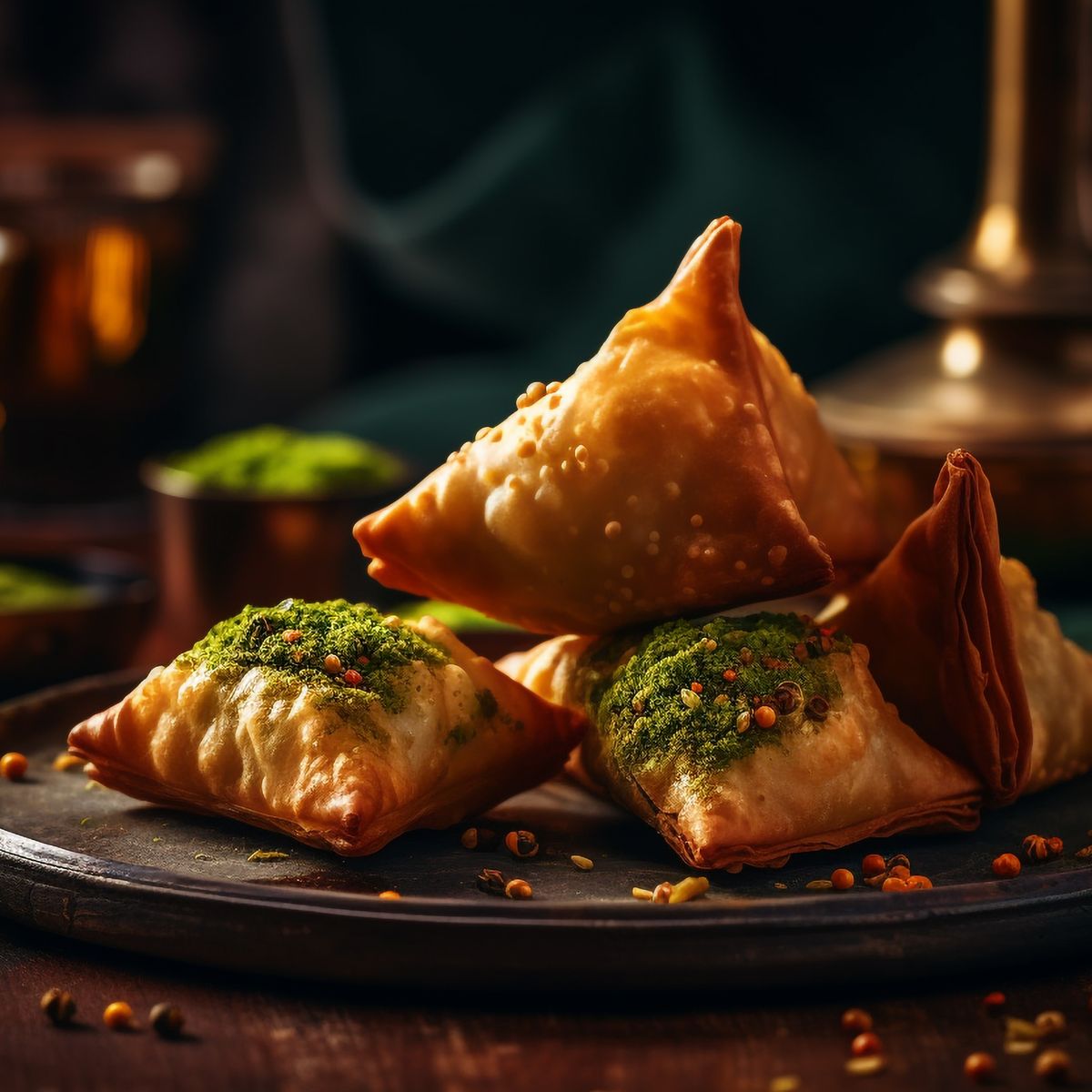 A plate of golden, crispy samosas served hot with chutneys. - Photo Gallery