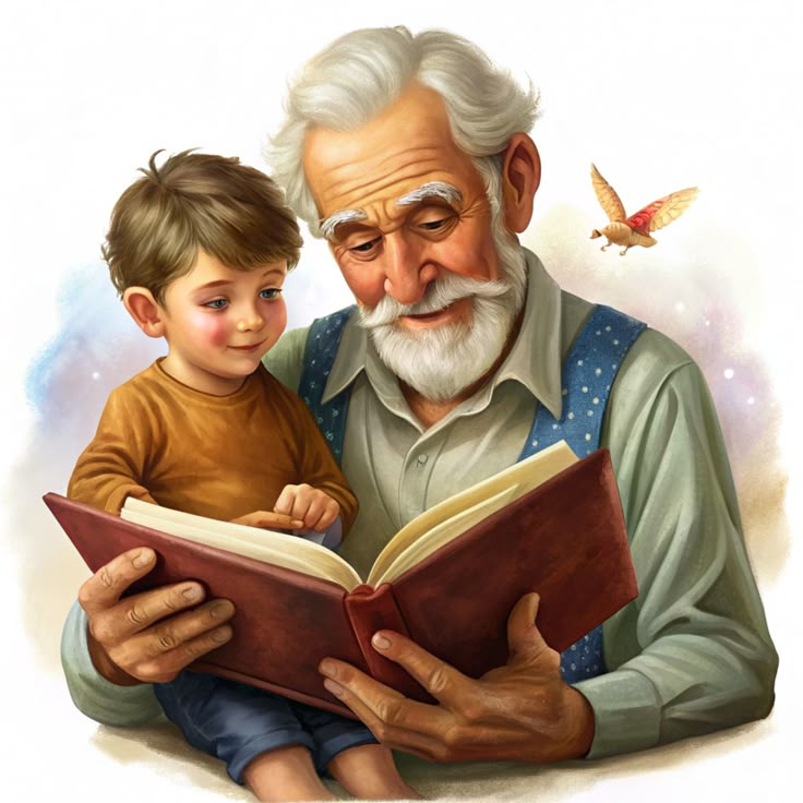 A grandfather reading a storybook to his wide-eyed grandchild. - Photo Gallery
