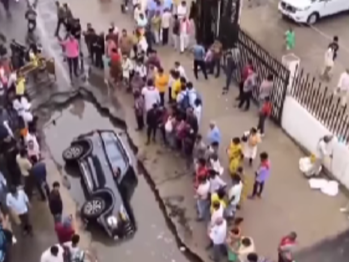 Patna Shocking Viral video: Car Trapped in Massive Pothole, Owner Blames Foul Play