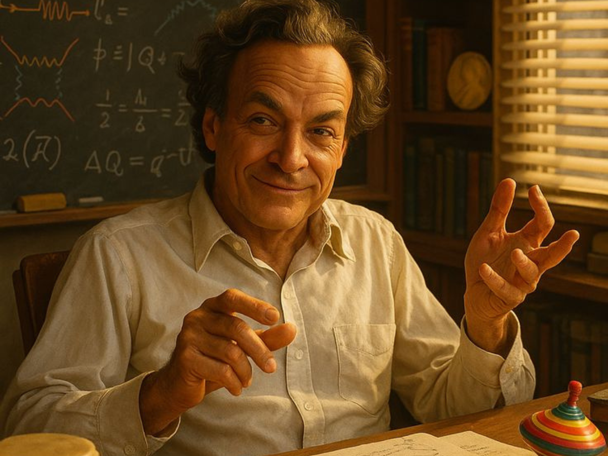 Richard Feynman explaining quantum physics concepts on a blackboard. - Photo Gallery