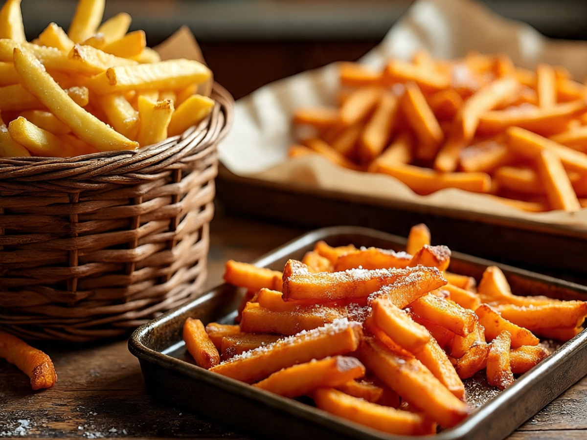 Basket of French fries next to baked sweet potato fries - Photo Gallery