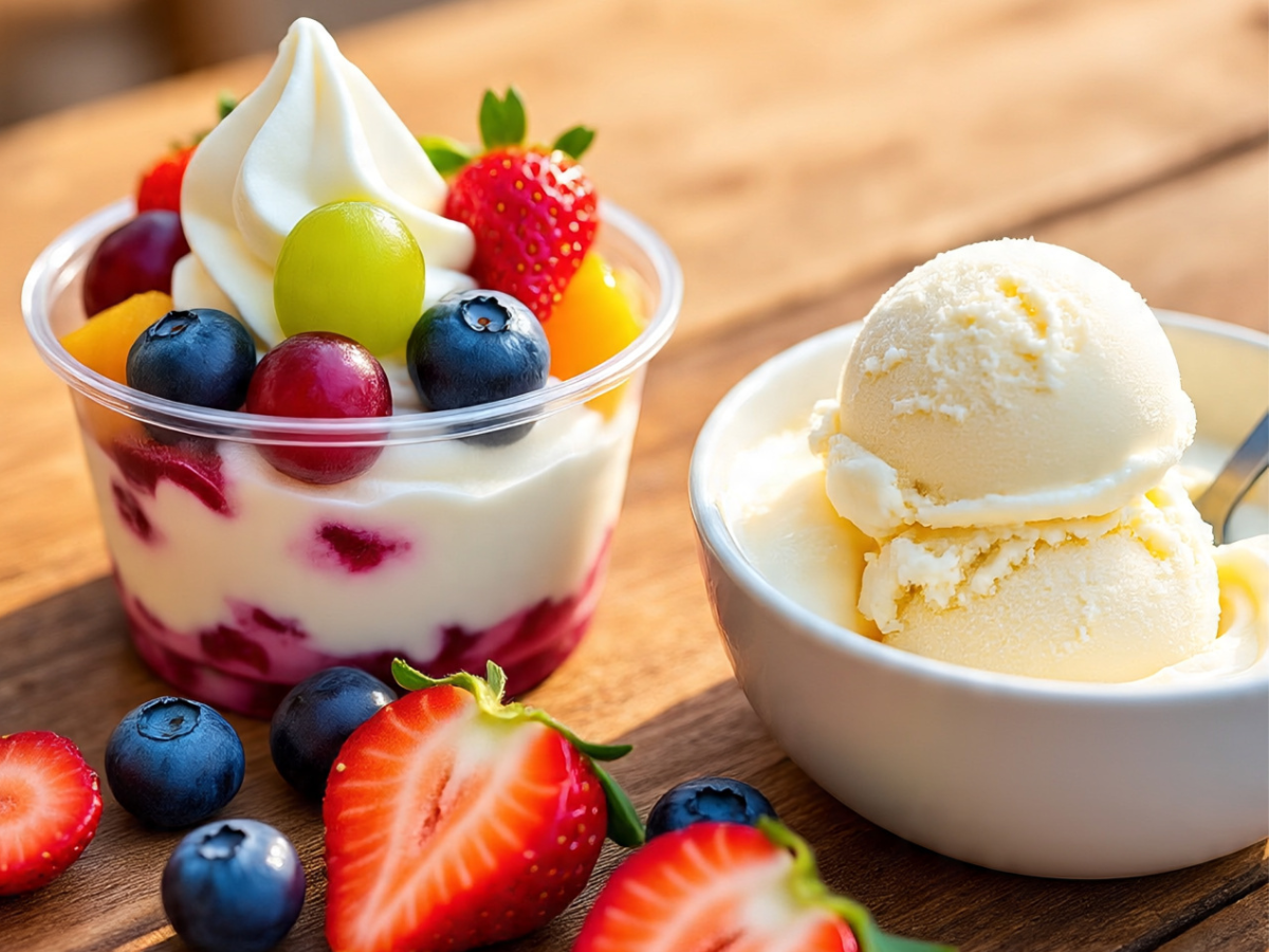 Cup of frozen yogurt topped with fruits next to a bowl of ice cream - Photo Gallery