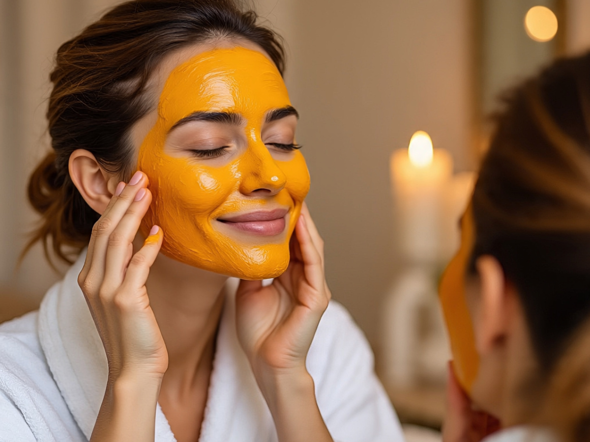 Turmeric face pack applied on face - Photo Gallery