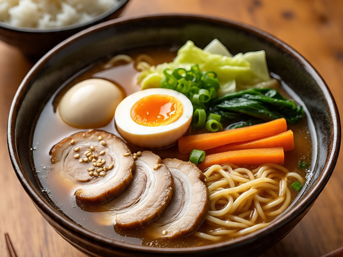 Hot ramen soup with noodles, pork slices, boiled egg, and vegetables - Photo Gallery