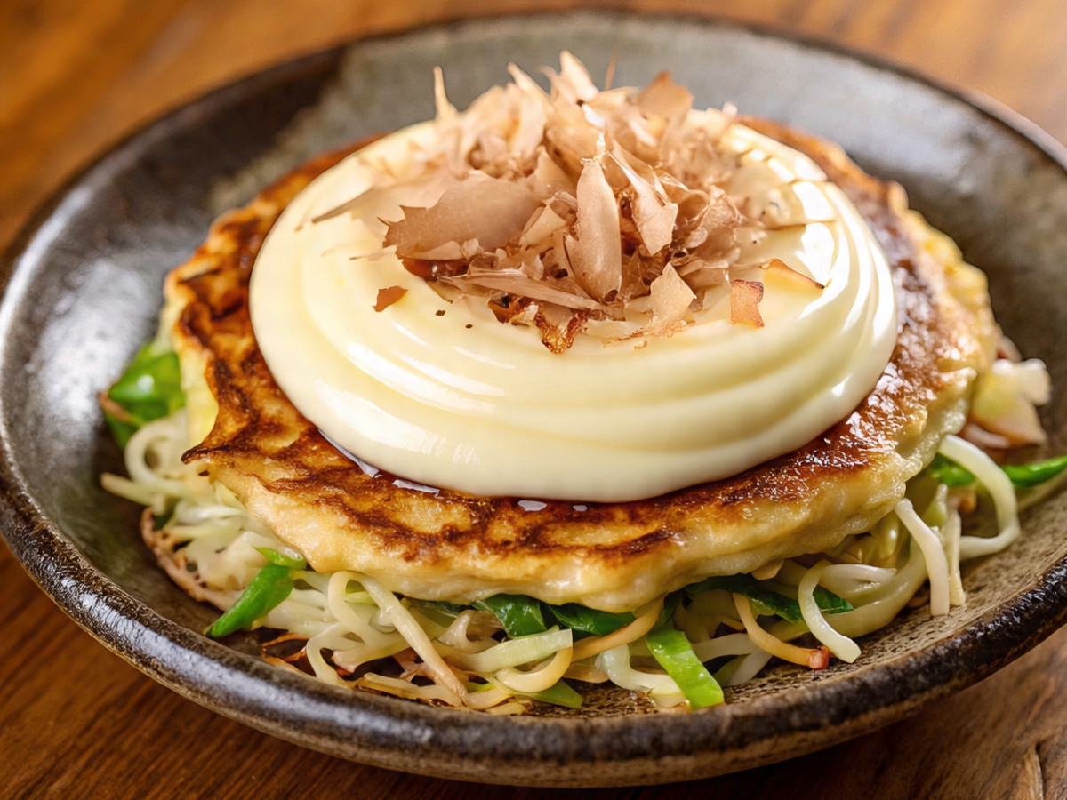 Okonomiyaki pancake topped with mayonnaise and bonito flakes - Photo Gallery