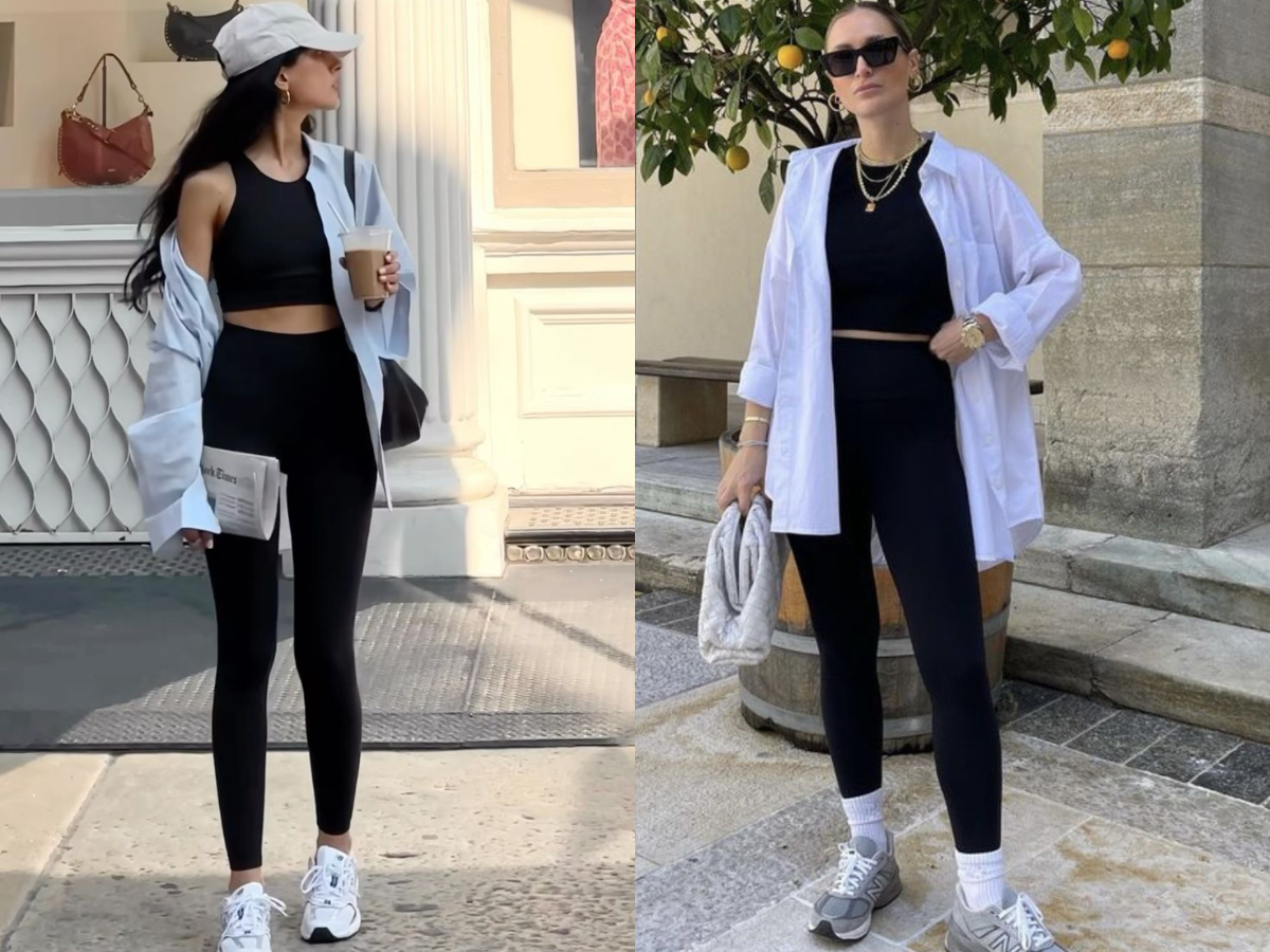 Oversized shirt styled with black leggings for casual streetwear - Photo Gallery