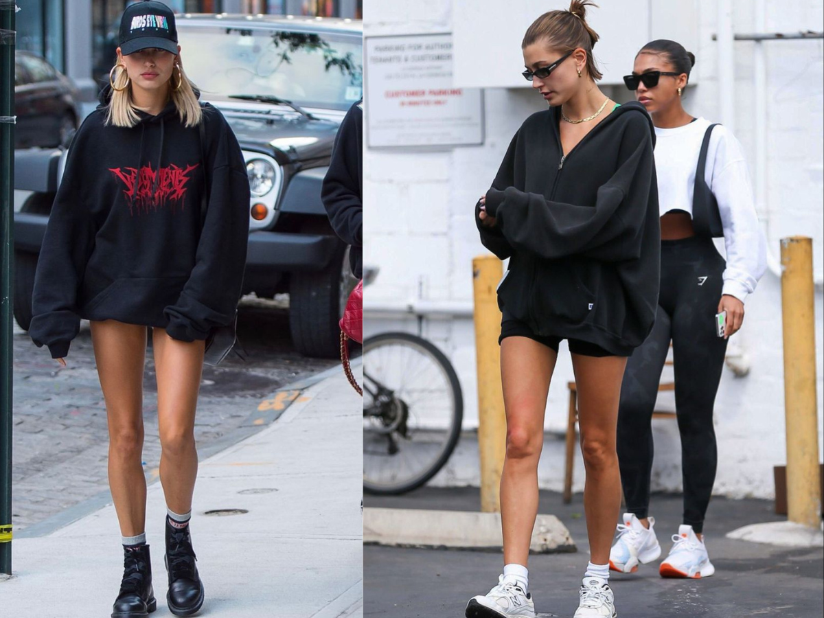 Hailey Bieber in an oversized hoodie with biker shorts and sneakers - Photo Gallery