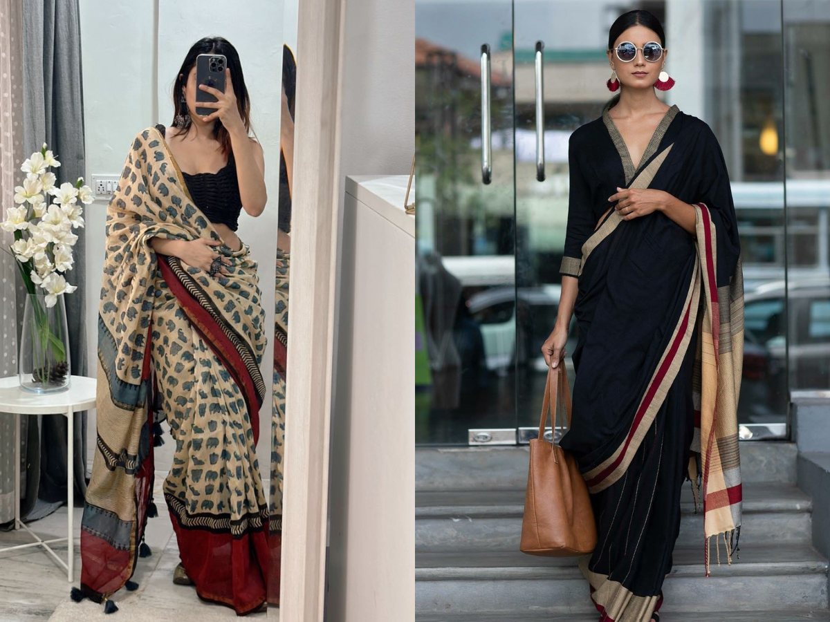 Woman draped in a saree styled for everyday use - Photo Gallery