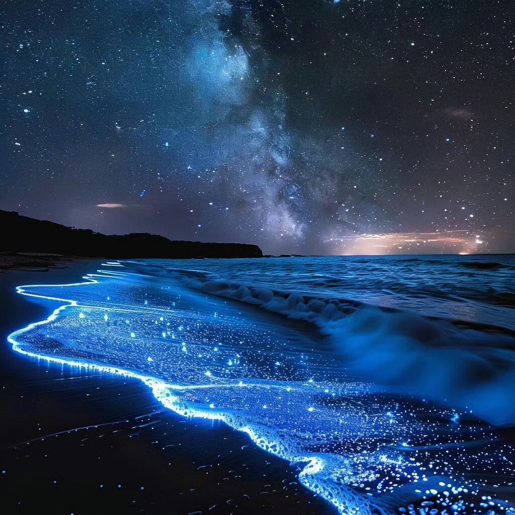 Waves glowing blue under moonlight at a bioluminescent beach. - Photo Gallery