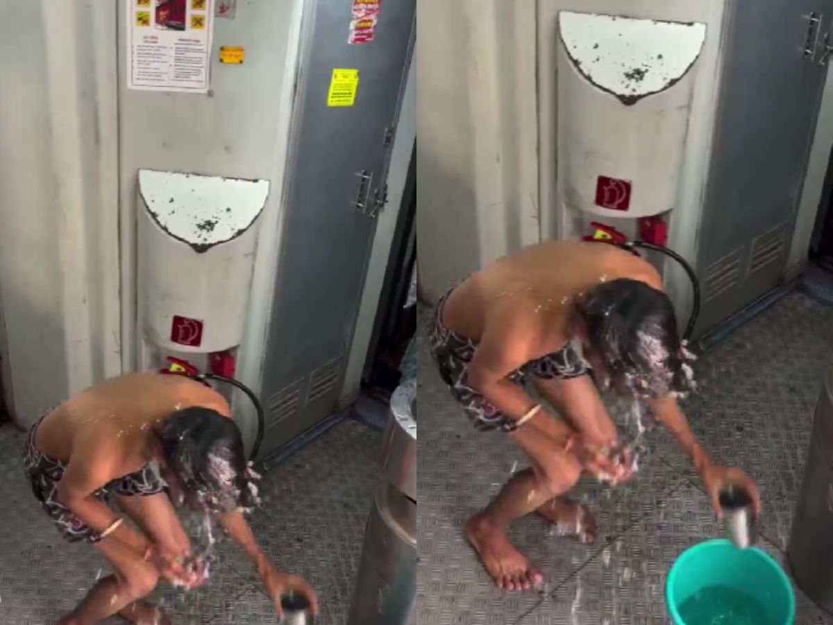 Passenger Uses Train Corridor as Bathing Space During Journey | WATCH