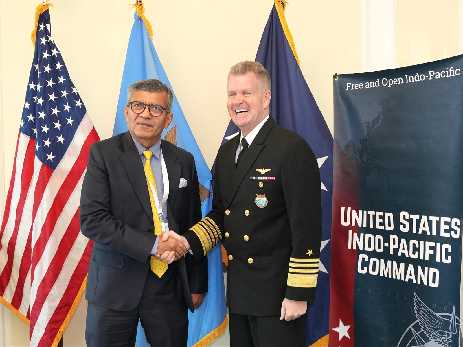 Defence Secretary Rajesh Kumar Singh holding discussions with the Commander of the USINDOPACOM (Indo-Pacific Command), Admiral Samuel J Paparo (Photo/X/@SpokespersonMoD)