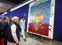 PM Modi, French President Macron view India-inspired artworks by French artists at Bharat Innovates