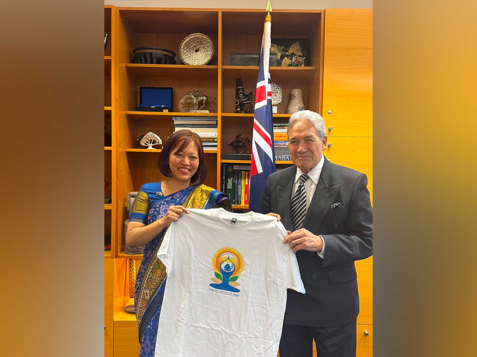 Indian High Commissioner gifts New Zealand Foreign Minister International Yoga Day T-Shirt