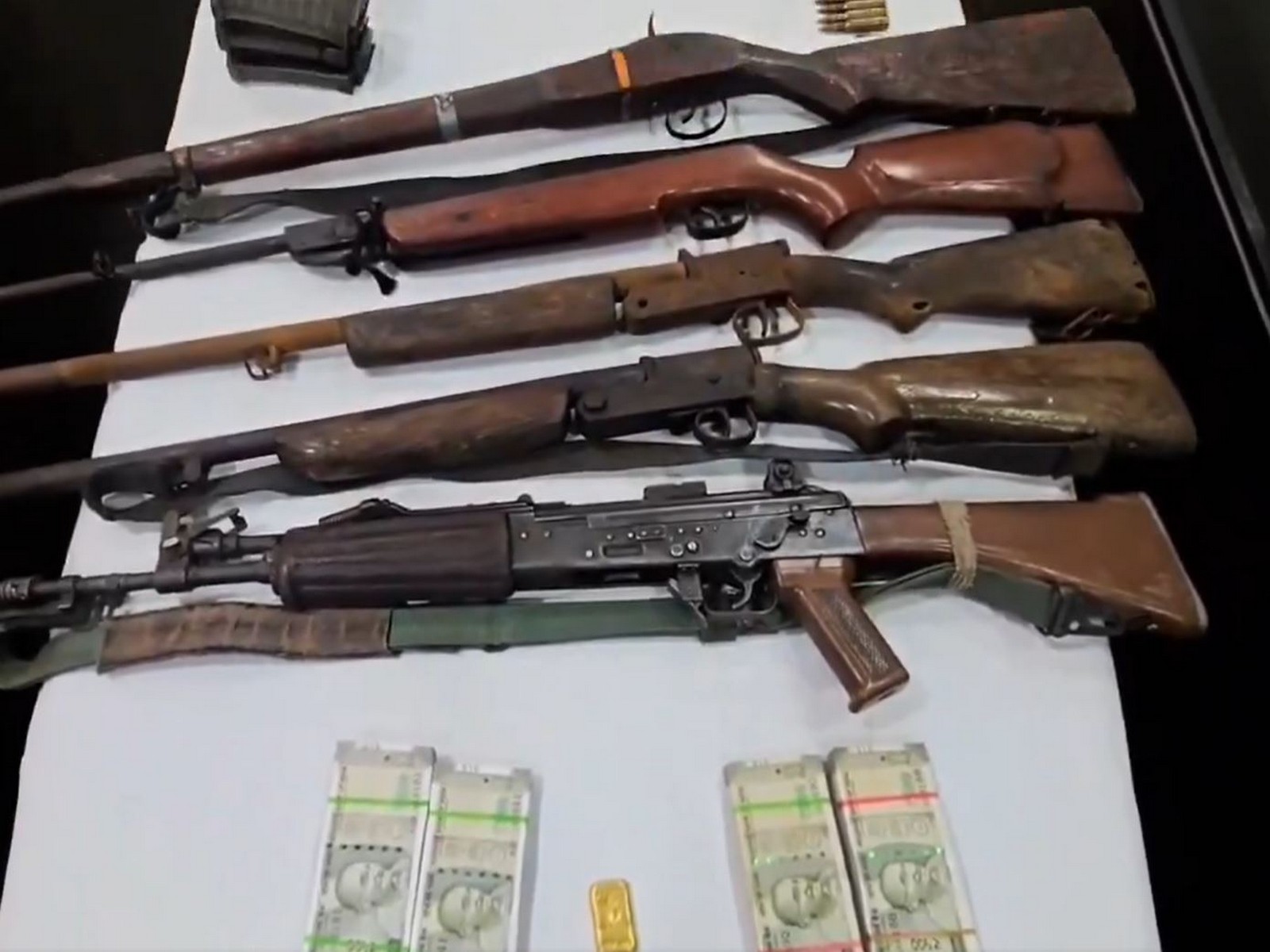 Security forces recover arms, explosives, cash and gold worth around Rs 18 lakh during an anti-Naxal operation in Dantewada (Photo/ANI) Security forces recover arms, explosives, cash and gold worth around Rs 18 lakh during an anti-Naxal operation in Dantewada (Photo/ANI)