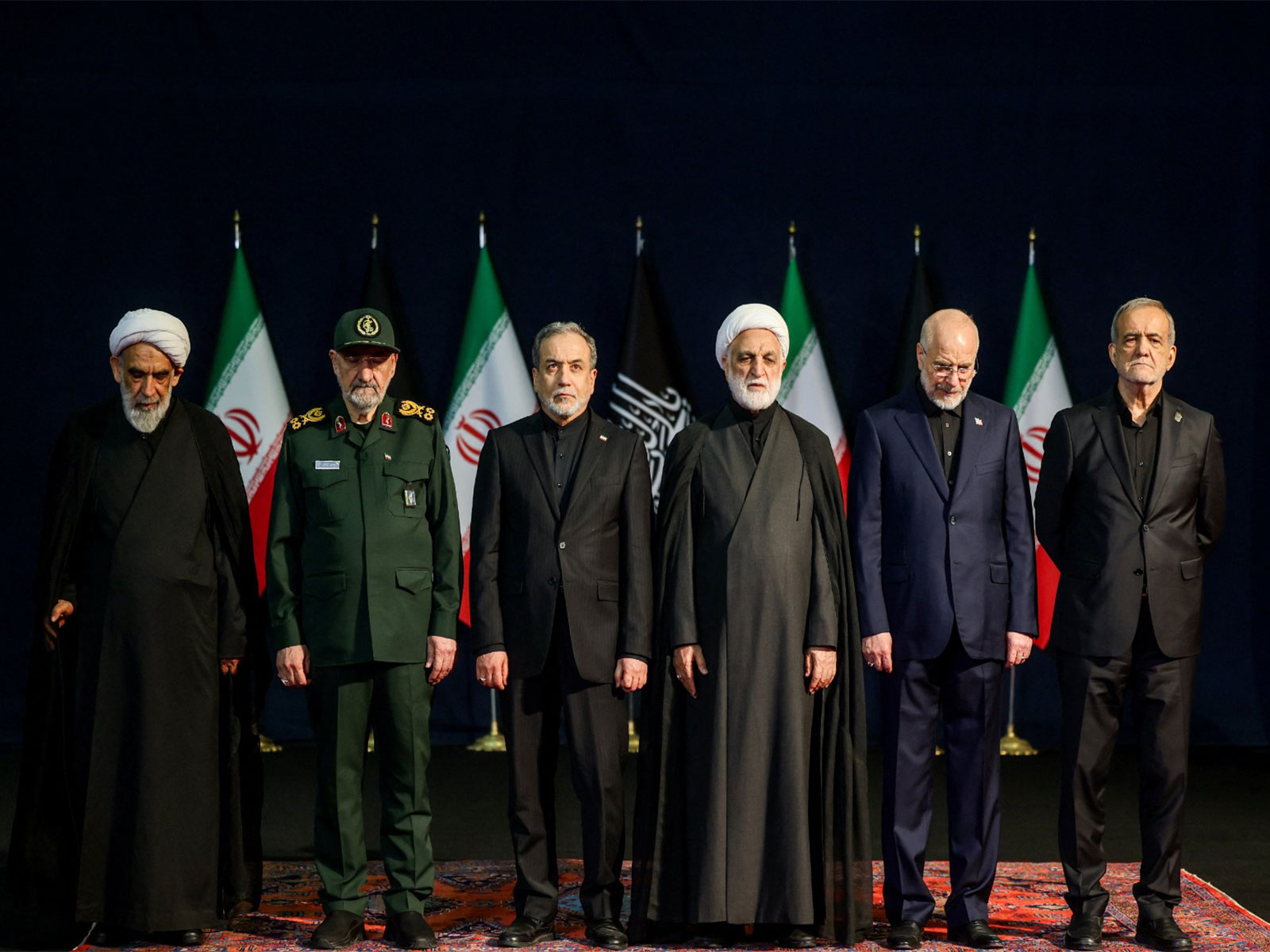 Iranian military commander Mohsen Rezaee, Iranian Foreign Minister Abbas Araqchi, Chief Justice of Iran Gholamhossein Mohseni Ejei, Iran's parliament speaker Mohammad Baqer Qalibaf and Iranian President Masoud Pezeshkian attend a farewell ceremony for Iran's late Supreme Leader Ayatollah Ali Khamenei. (Photo/ WANA via Reuters)