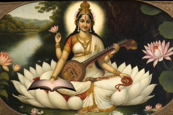 Goddess Saraswati with her symbols.