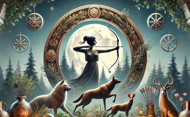 Goddess Artemis surrounded by some of her symbols.