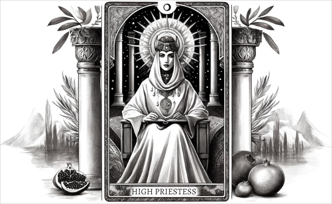 Black and white High Priestess tarot card.