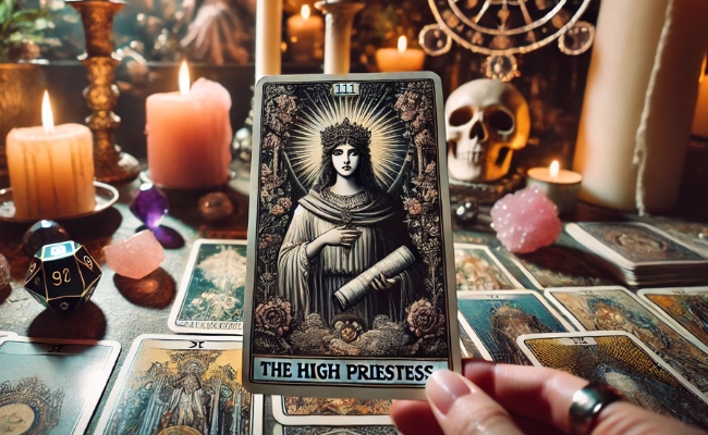 The High Priestess yes or no tarot card being held.