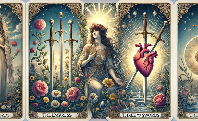 The Empress and Three of Swords cards together.