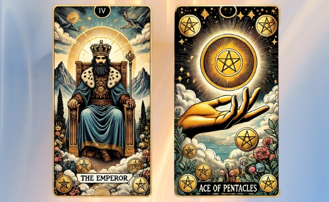 Side by side images of the Emperor and Ace of Pentacles.