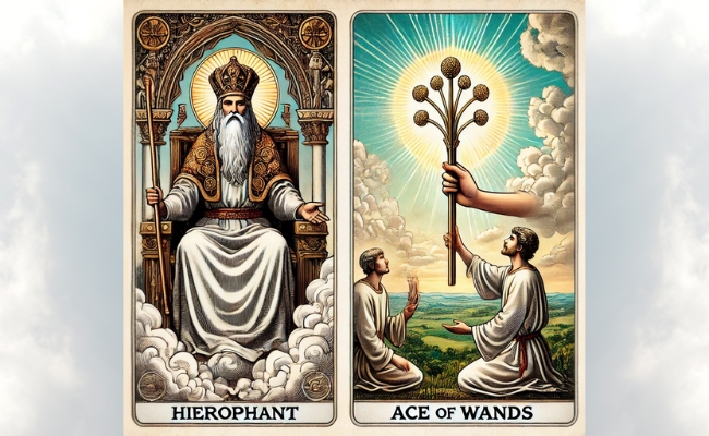 Ace of Wands and Hierophant tarot cards side-by-side.