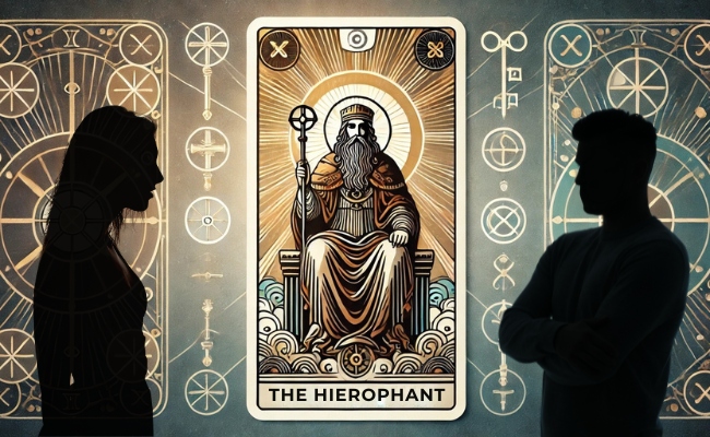 Two people looking to the Hierophant as advice.