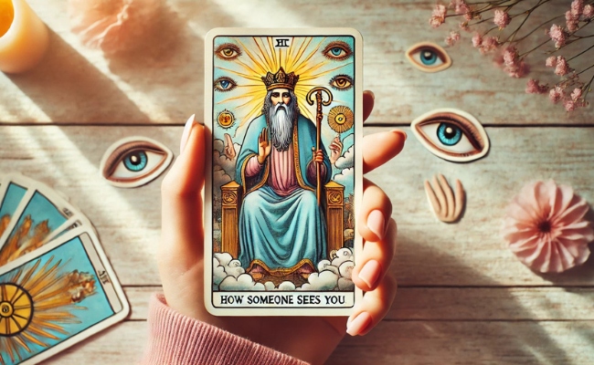 Woman holding the Hierophant as how someone sees you card.