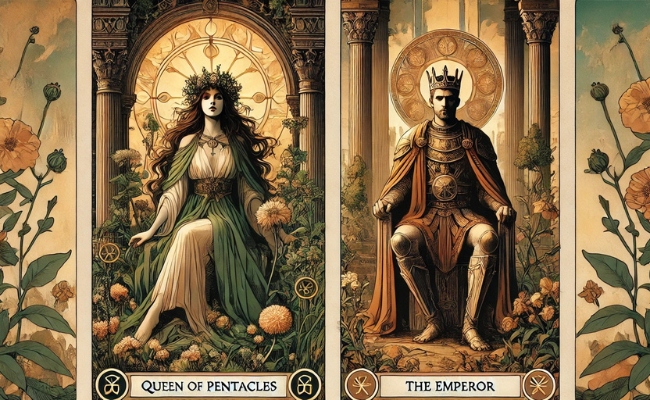 The Queen of Pentacles and the Emperor combination.