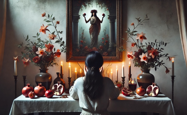 Woman performing a Persephone worship ritual.