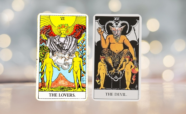 Lovers and Devil tarot cards together.