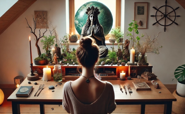 Woman sitting at a desk saying prayers to Gaia.