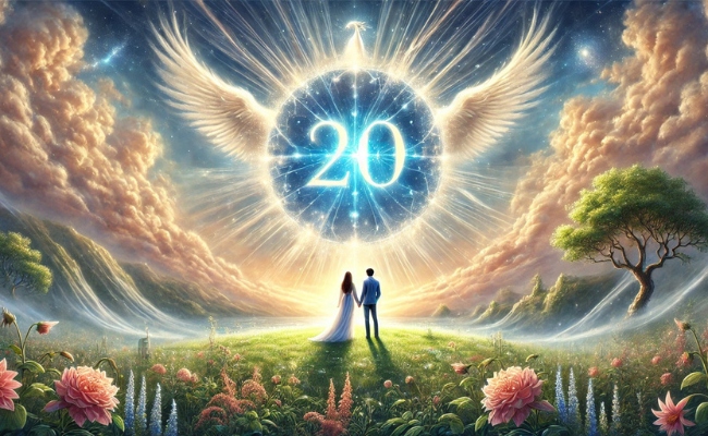 Couple in love staring at angel number 20.