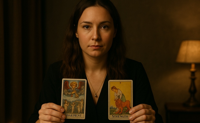 Woman holding the Judgement and Strength tarot cards.