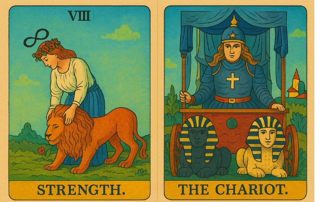 Strength and Chariot tarot cards side by side.