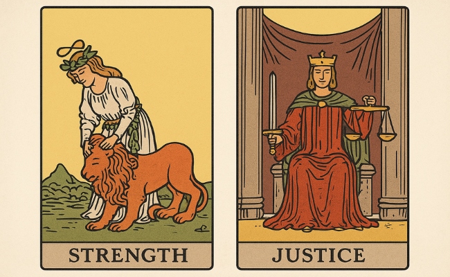 The Strength and Justice tarot cards together.