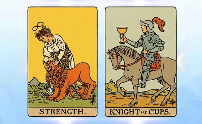 The Knight of Cups and Strength tarot card combination.