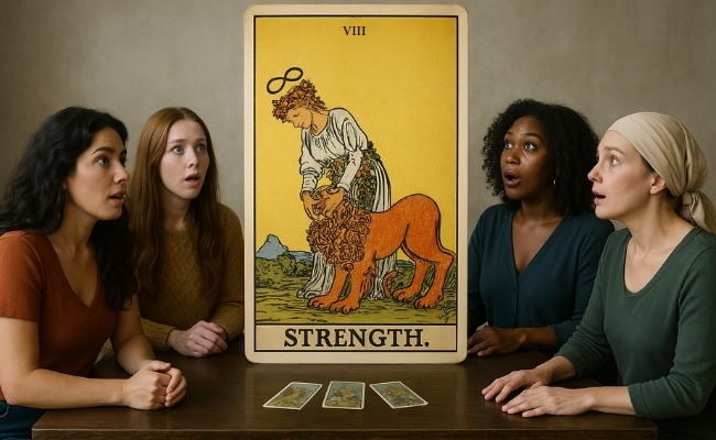 Women looking at the Strength tarot card.