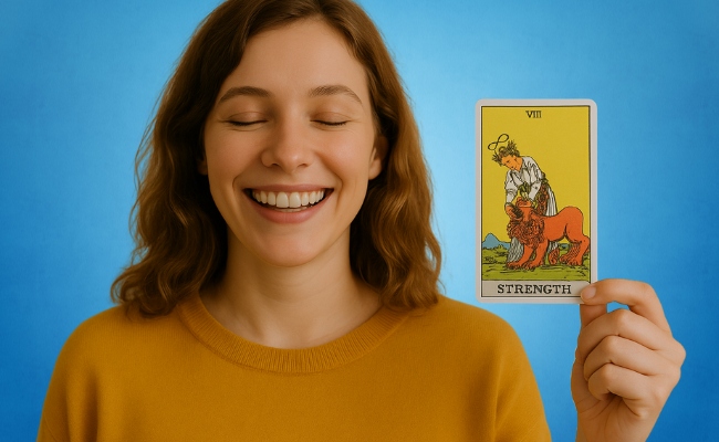 Woman holding Strength tarot card as a person.