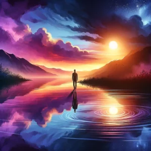 The image has been created to visually represent the concept of shadow work. It portrays a serene landscape at dusk, with a solitary figure standing at the water's edge, reflecting on the diverse aspects of the self. This scene captures the essence of exploring the unconscious, confronting hidden fears, emotions, and past hurts, and finding healing and wholeness through acceptance and integration.