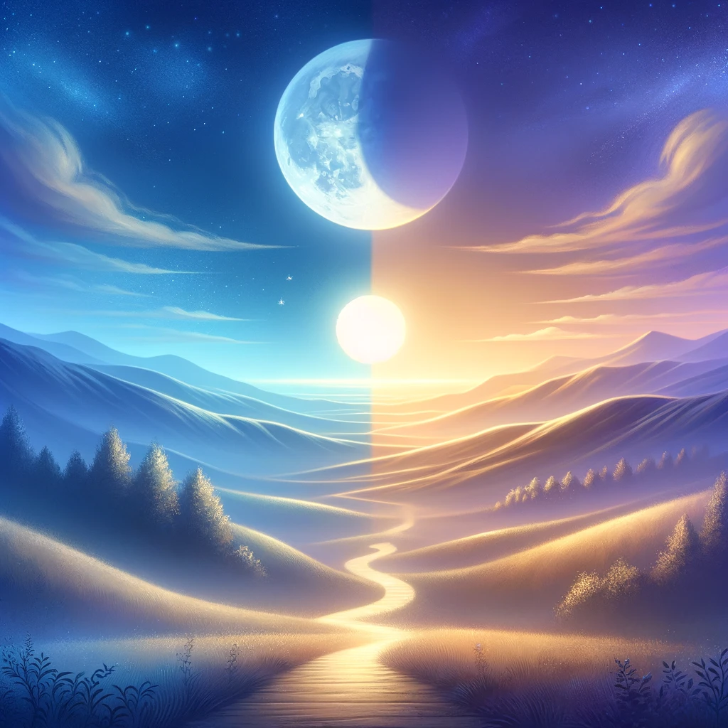 The image symbolizes the concept that shadow work can be undertaken at any time, depicting a serene landscape where day and night harmoniously blend. This visual metaphor beautifully illustrates the continuous journey of personal growth and self-awareness, highlighting the timeless opportunity for introspection and healing.