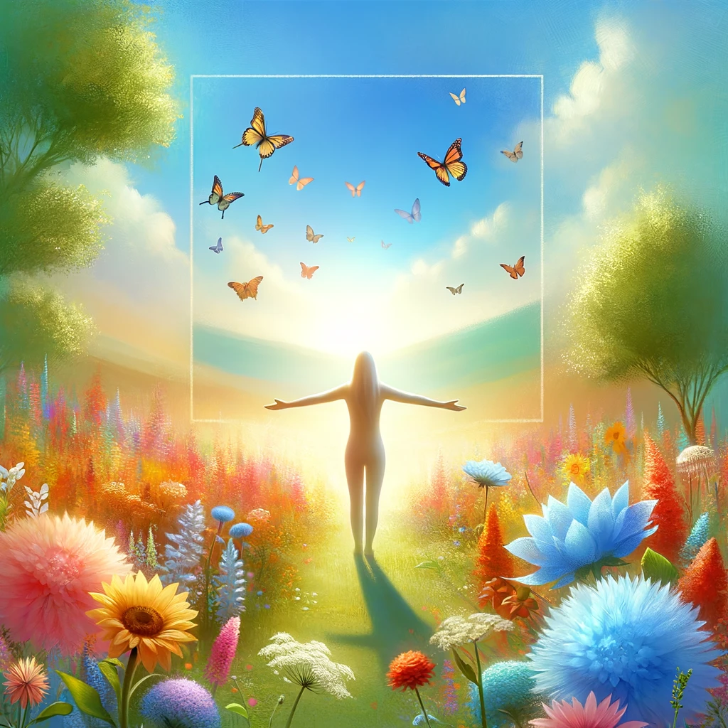 A woman living an Authentic and Joyful Life. She is standing is a beautiful field of flowers, looking at a illuminated square which contains butterflies.